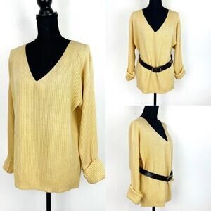 Oversized Large Silk Sweater Long Sleeve V-Neck Yellow